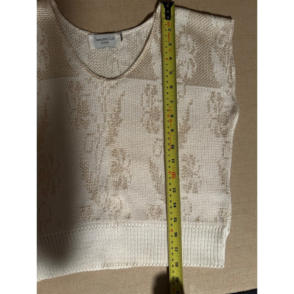Vintage 90s Gold Cream Floral Knit Cropped Sweater Women's Top Grandmacore - Picture 5 of 7